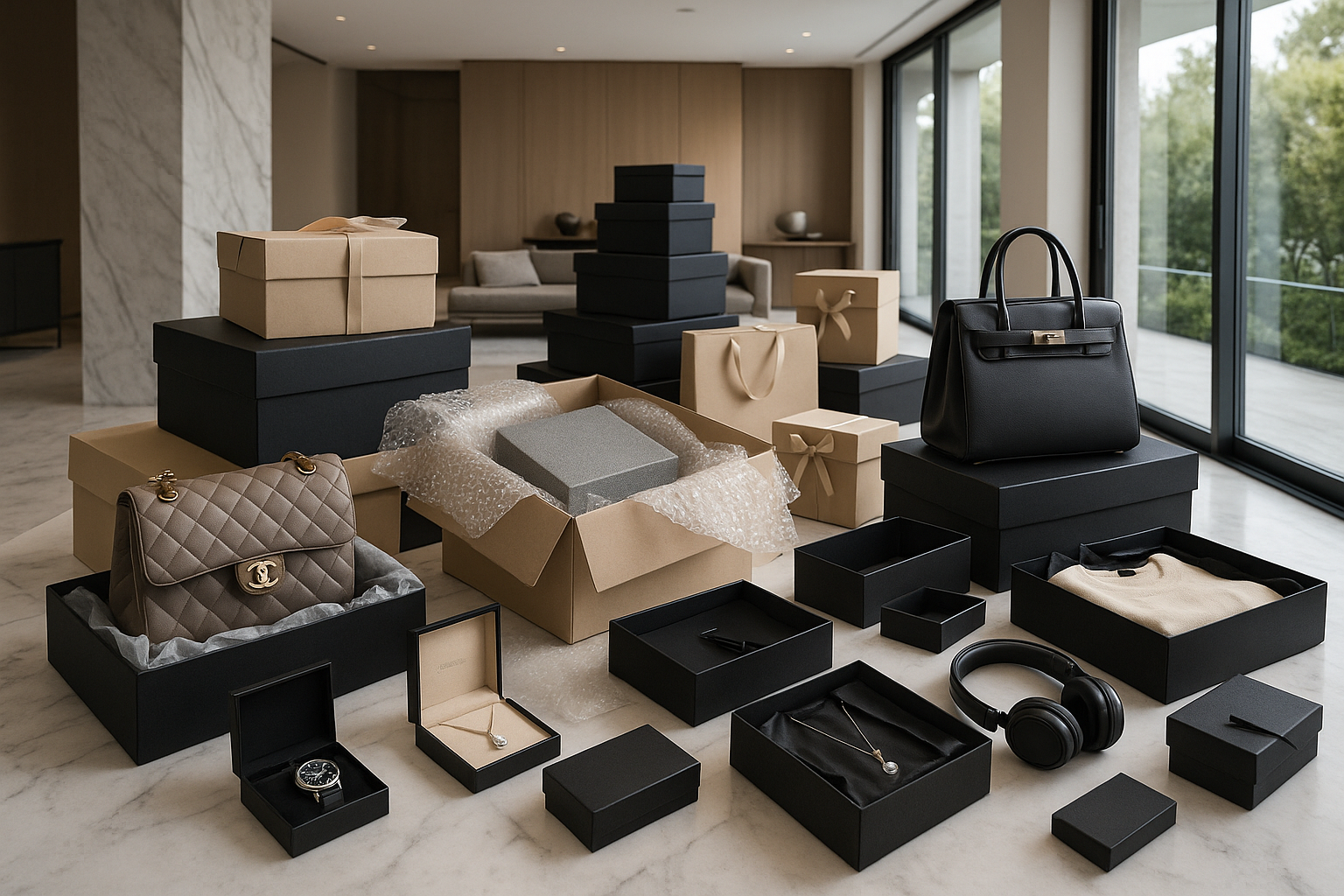 hazme una imagen de una habitacion de una casa moderna y cara con muchos productos lujosos como empaquetandolos para venderlos